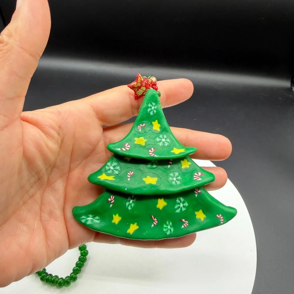 Christmas Tree Pendant Necklace Red Green Wood Beads Holiday Statement Jewelry